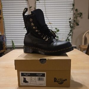 Dr. Martens Black Leather Boots with Yellow Stitching